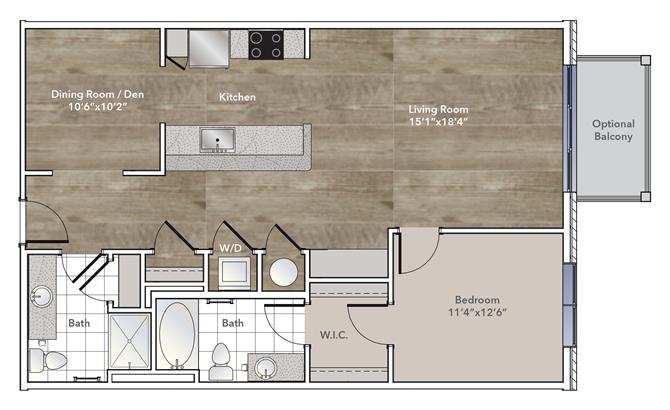 Floor plan for 1 bed, 1 bath, 1009 sqft
